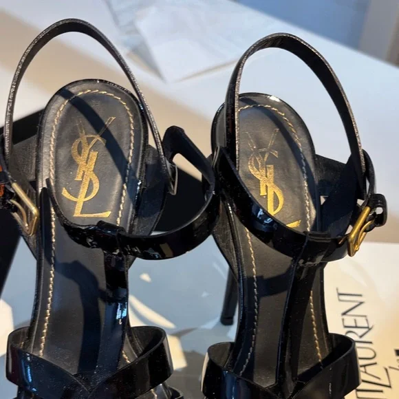 Saint Laurent Tribute Black Patent Leather Braided T-Strap Platform Heels 7 - Picture 2 of 4